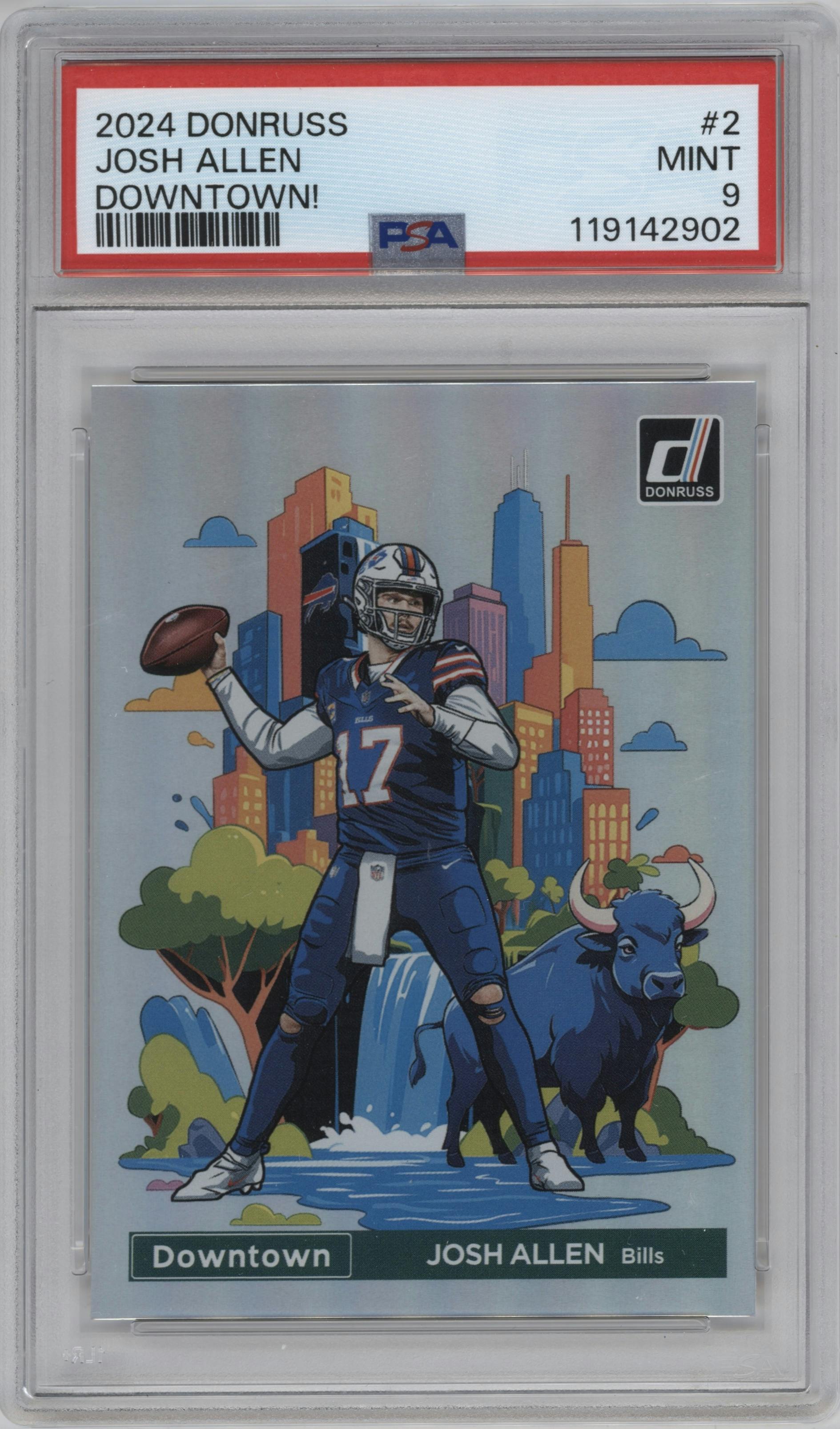 Josh Allen from the 2024 Donruss set graded by PSA and given an overall grade of 9.