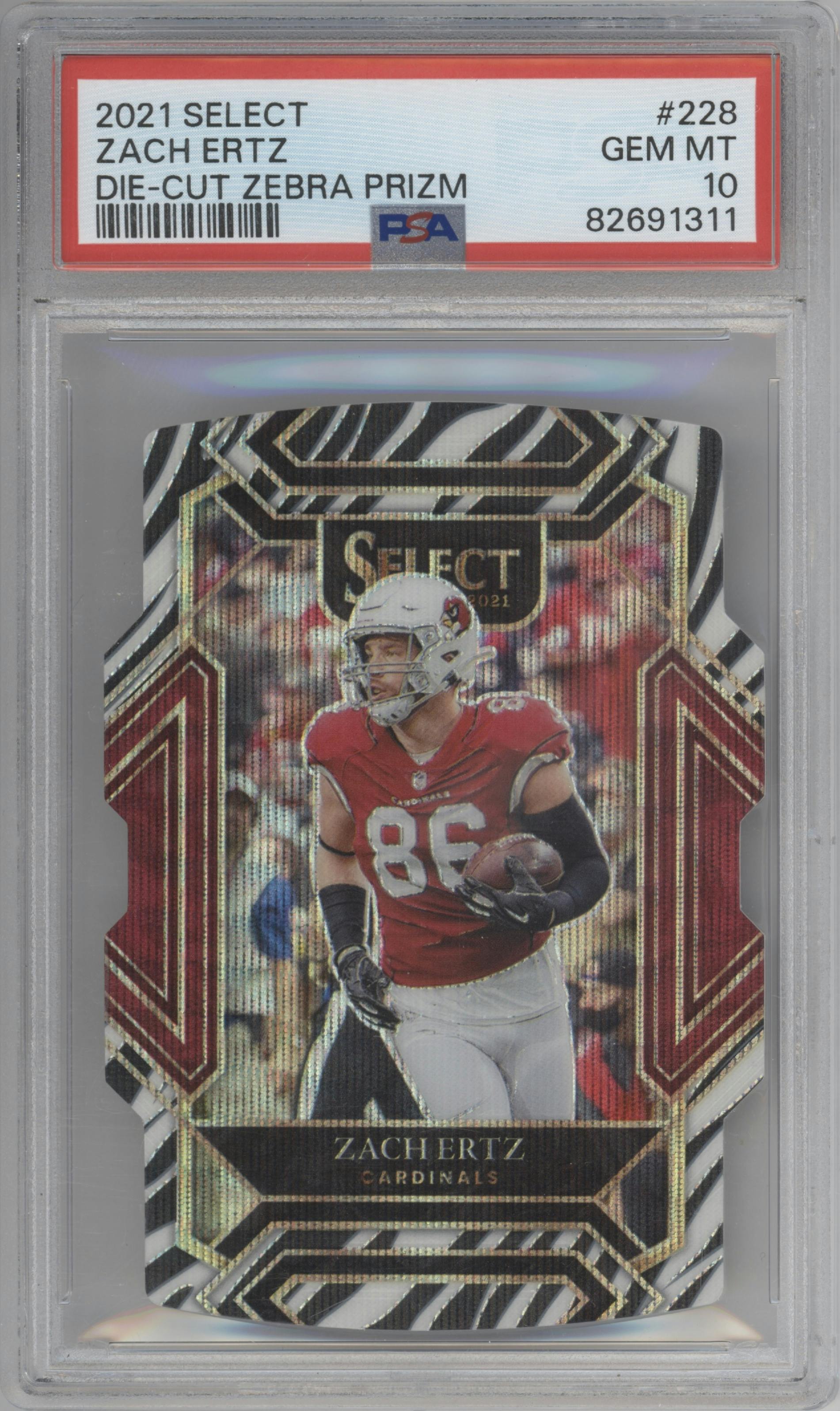 Zach Ertz from the 2021 Panini Select set featuring a Die-Cut Zebra parallel graded by PSA and given an overall grade of 10.