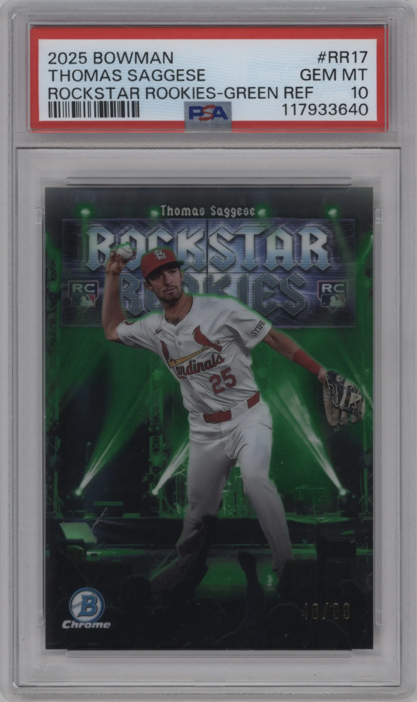2025 Bowman Rockstar Rke. Thomas Saggese Green Refractor PSA 10