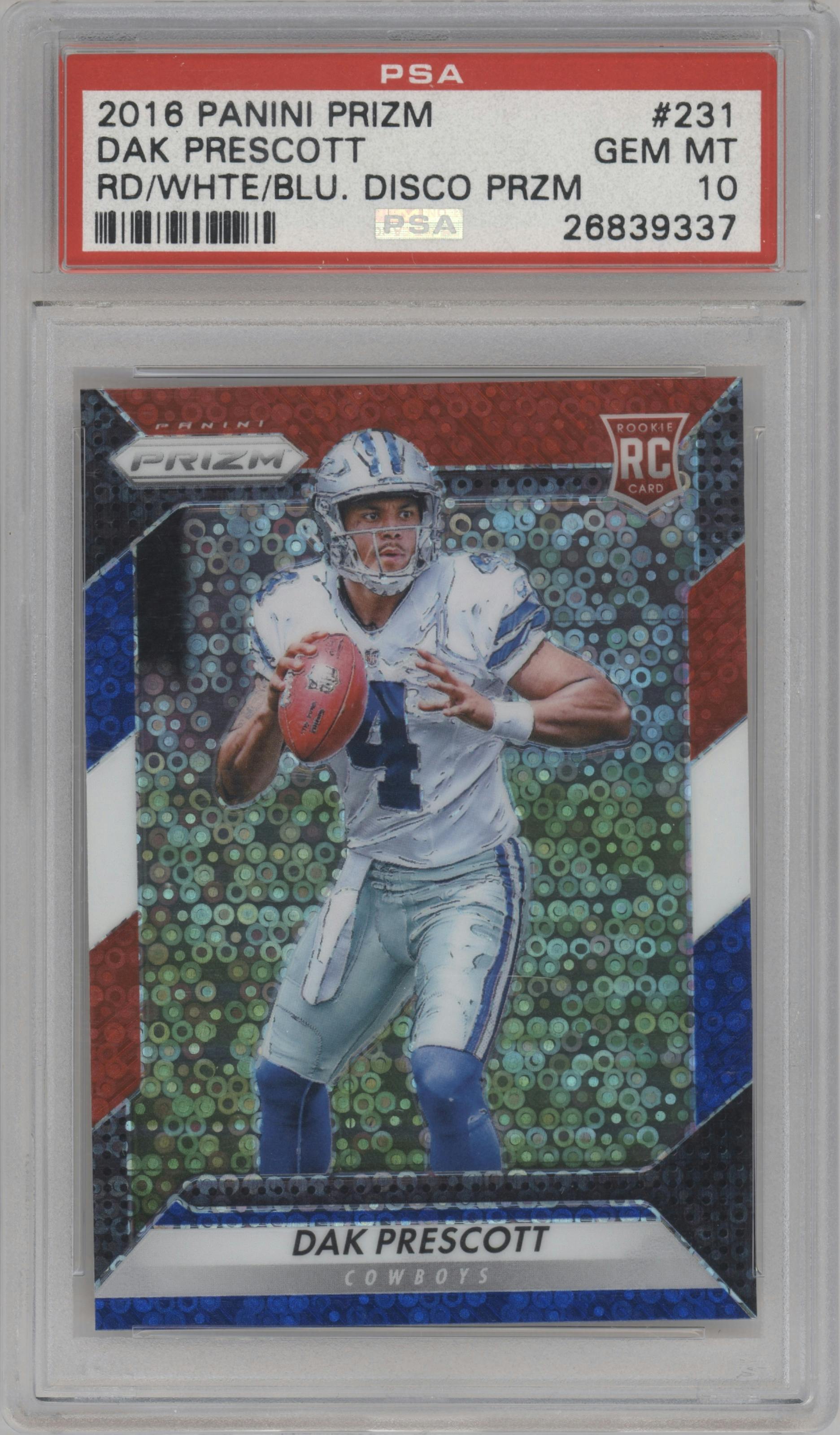 Dak Prescott from the 2016 Panini Prizm set featuring a Red/White/Blue Disco Prizm parallel graded by PSA and given an overall grade of 10.