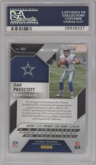 Dak Prescott from the 2016 Panini Prizm set featuring a Red/White/Blue Disco Prizm parallel graded by PSA and given an overall grade of 10.