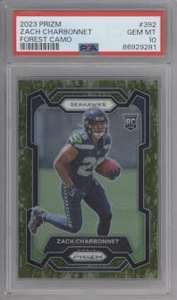 Zach Charbonnet from the 2023 Panini Prizm set featuring a Forest Camo parallel graded by PSA and given an overall grade of 10.
