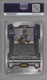 Zach Charbonnet from the 2023 Panini Prizm set featuring a Forest Camo parallel graded by PSA and given an overall grade of 10.