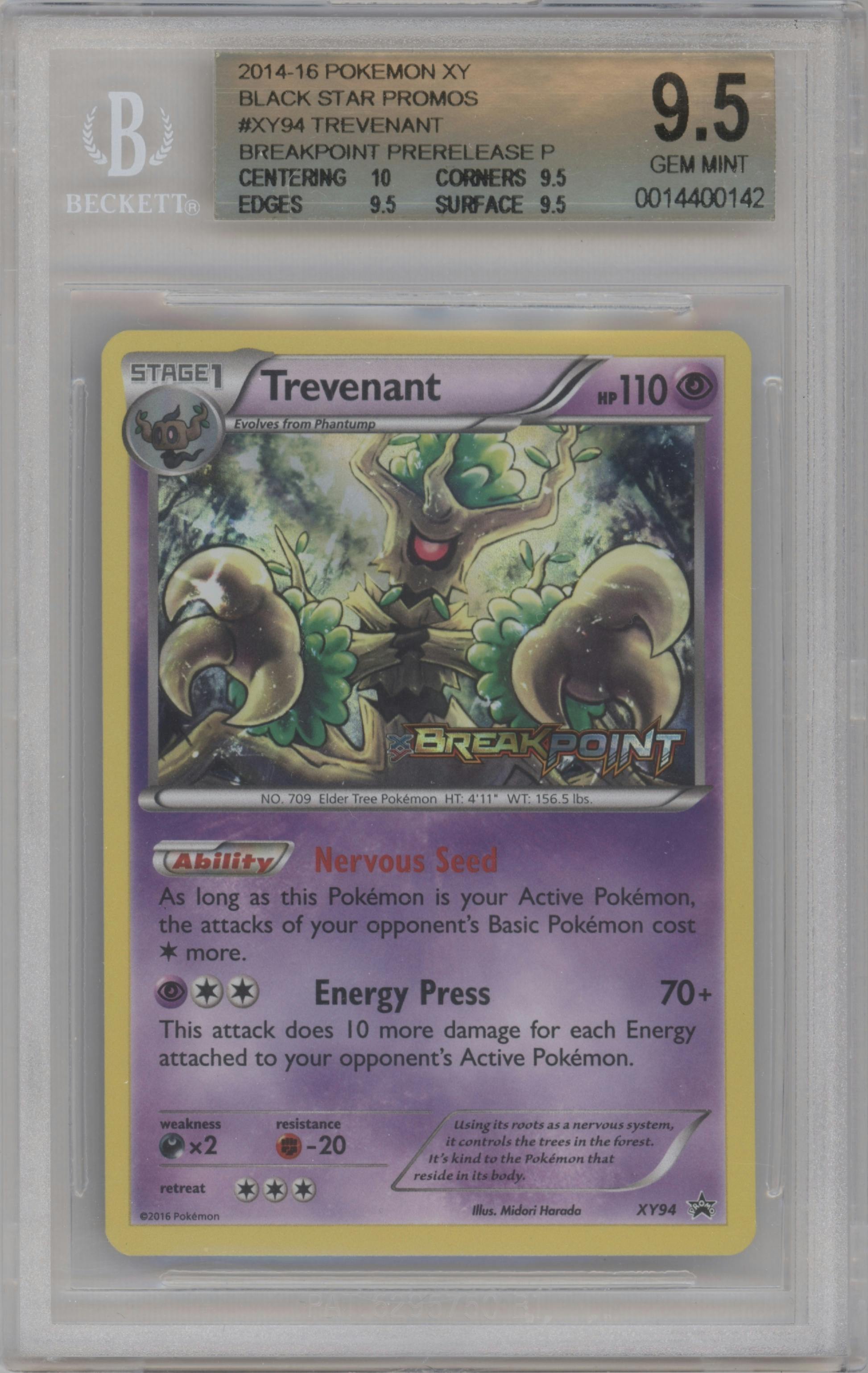 Trevenant from the 2016 Pokemon XY set featuring a BREAKPoint Pre-Release Promo parallel graded by Beckett and given an overall grade of 9.5.