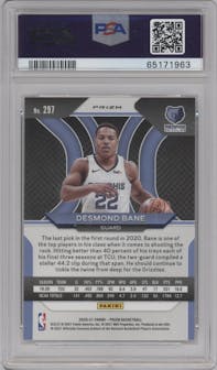 Desmond Bane from the 2020-21 Panini Prizm set featuring a Silver Prizm parallel graded by PSA and given an overall grade of 10.