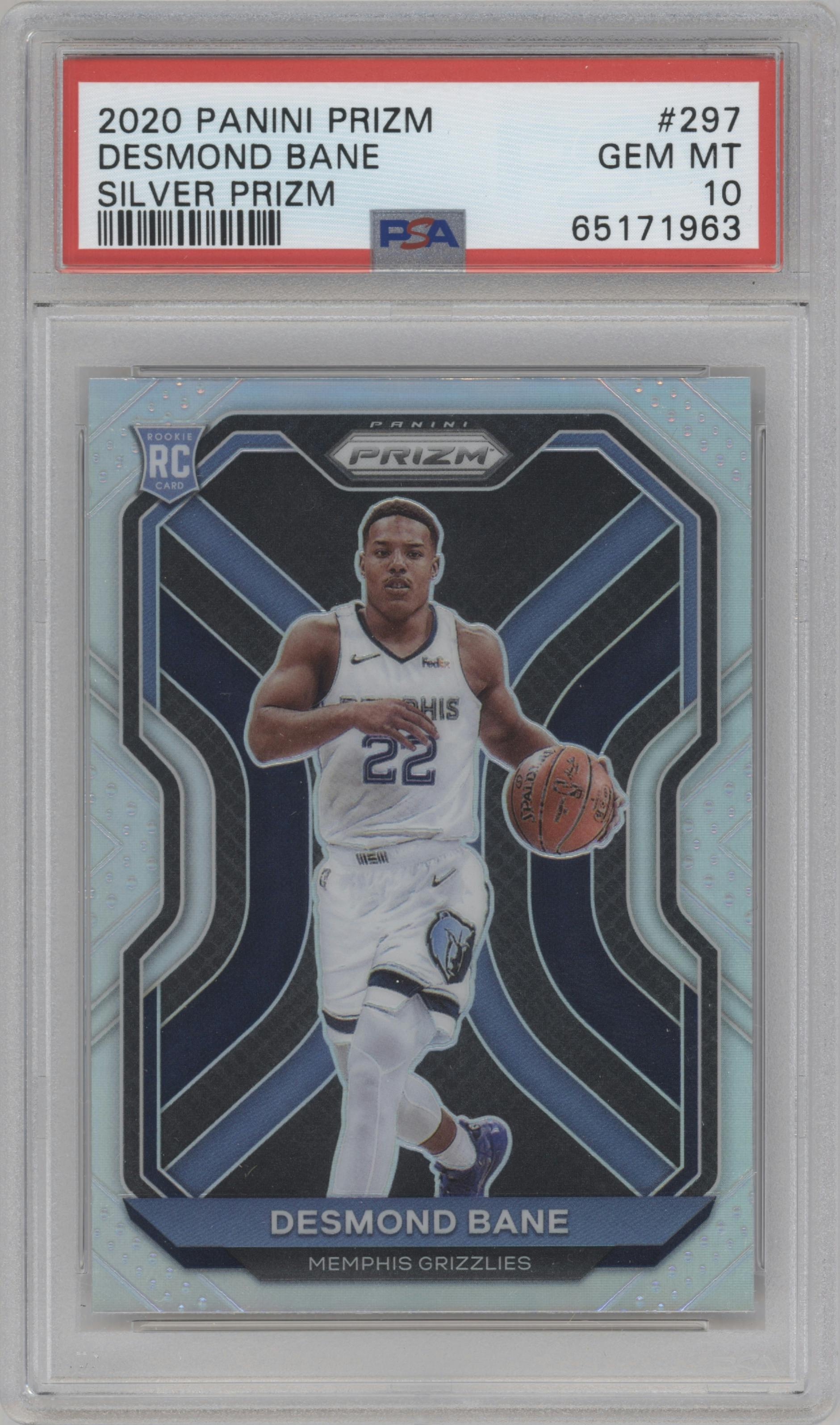 Desmond Bane from the 2020-21 Panini Prizm set featuring a Silver Prizm parallel graded by PSA and given an overall grade of 10.