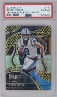 Bryce Young from the 2023 Panini Select set featuring a Gold Dragon Scale parallel graded by PSA and given an overall grade of 10.