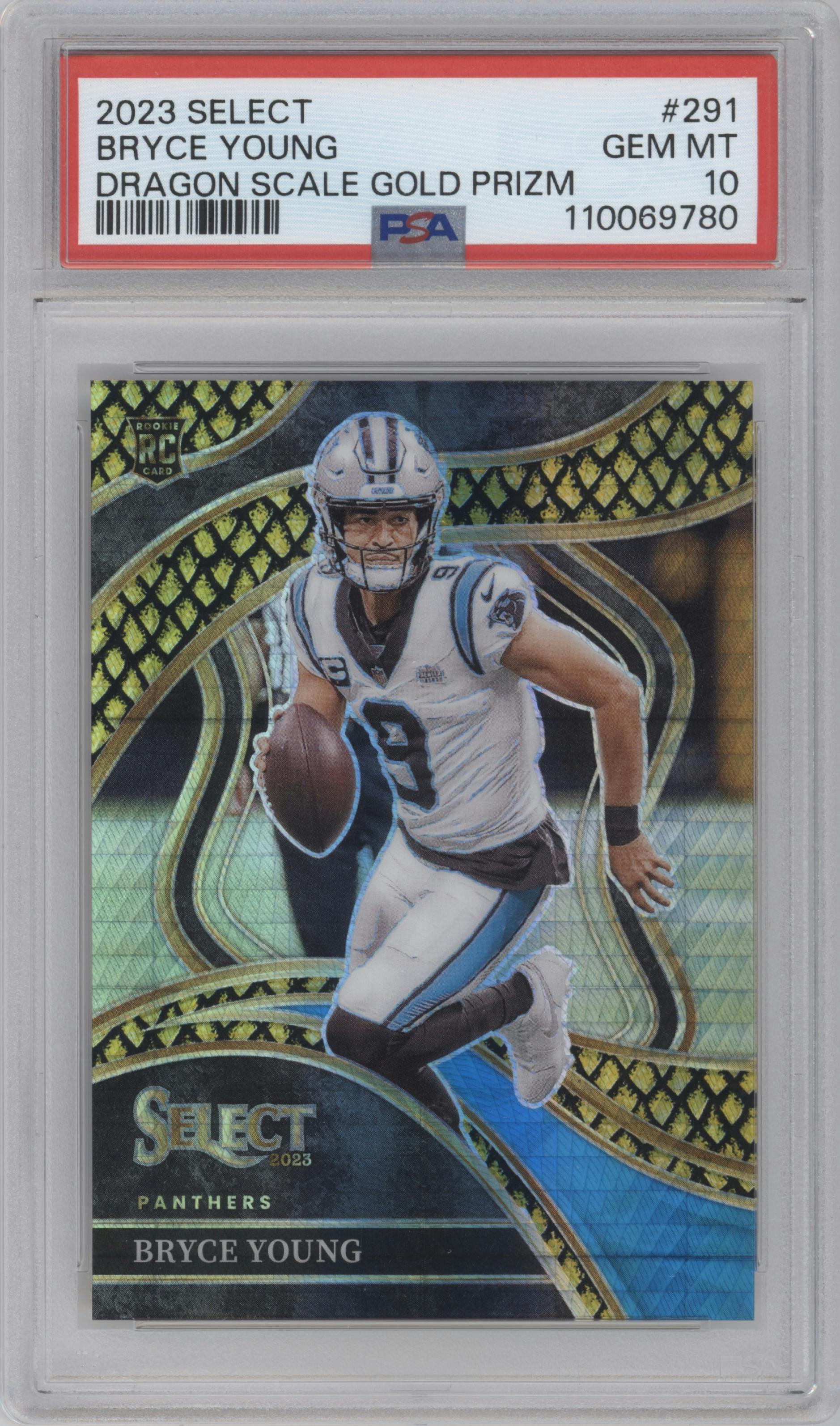 Bryce Young from the 2023 Panini Select set featuring a Gold Dragon Scale parallel graded by PSA and given an overall grade of 10.