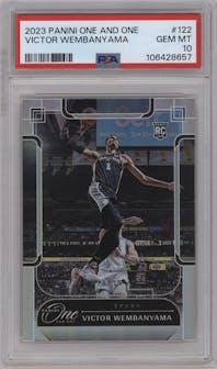 Victor Wembanyama from the 2023-24 Panini One and One set graded by PSA and given an overall grade of 10.