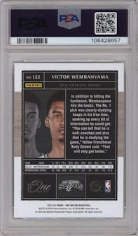 Victor Wembanyama from the 2023-24 Panini One and One set graded by PSA and given an overall grade of 10.