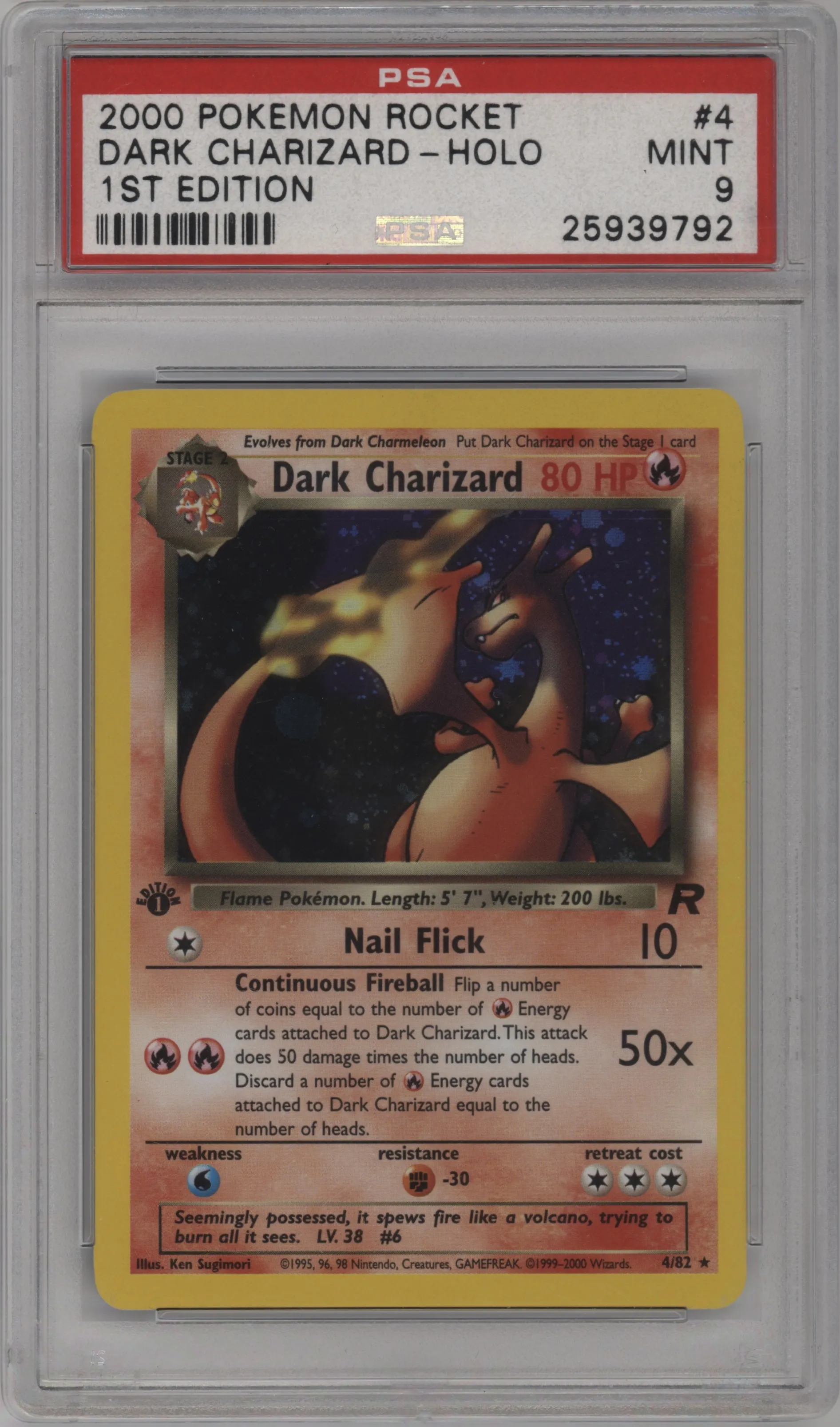 Dark Charizard from the 2000 Pokemon set graded by PSA and given an overall grade of 9.