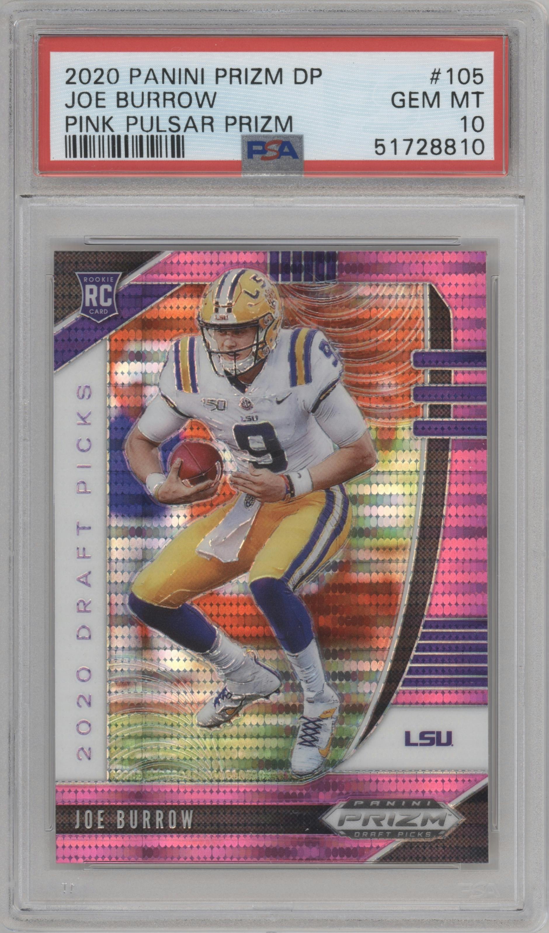 Joe Burrow from the 2020 Panini Prizm Draft Picks set featuring a Pink Pulsar parallel graded by PSA and given an overall grade of 10.