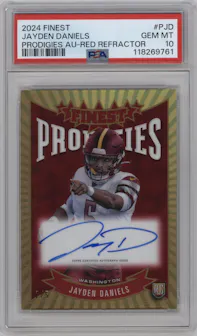 Jayden Daniels from the 2024 Finest set featuring a Red Refractor parallel graded by PSA and given an overall grade of 10.