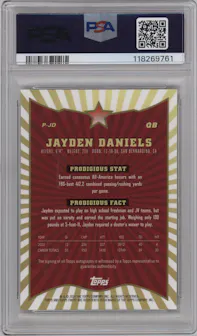 Jayden Daniels from the 2024 Finest set featuring a Red Refractor parallel graded by PSA and given an overall grade of 10.