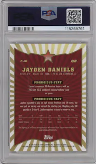 Jayden Daniels from the 2024 Finest set featuring a Red Refractor parallel graded by PSA and given an overall grade of 10.