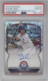 Blaine Crim from the 2023 Bowman  set featuring a Speckle Refractor parallel graded by PSA and given an overall grade of 10.