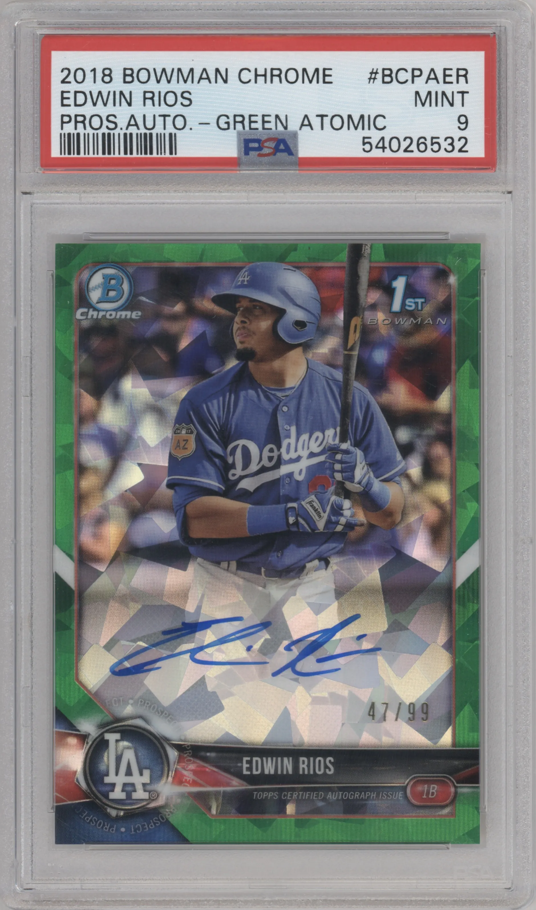 2018 Bowman Chrome Pros.Auto Edwin Rios Green Atomic Refractor PSA 9
