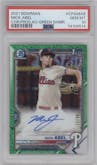 Mick Abel from the 2021 Bowman set featuring a Green Shimmer Refractor parallel graded by PSA and given an overall grade of 10.