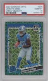 Jahmyr Gibbs from the 2023 Donruss Optic set featuring a Green Velocity parallel graded by PSA and given an overall grade of 10.