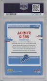Jahmyr Gibbs from the 2023 Donruss Optic set featuring a Green Velocity parallel graded by PSA and given an overall grade of 10.