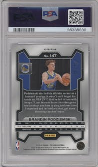 Brandin Podziemski from the 2023-24 Panini Prizm set featuring a Blue Ice parallel graded by PSA and given an overall grade of 10.