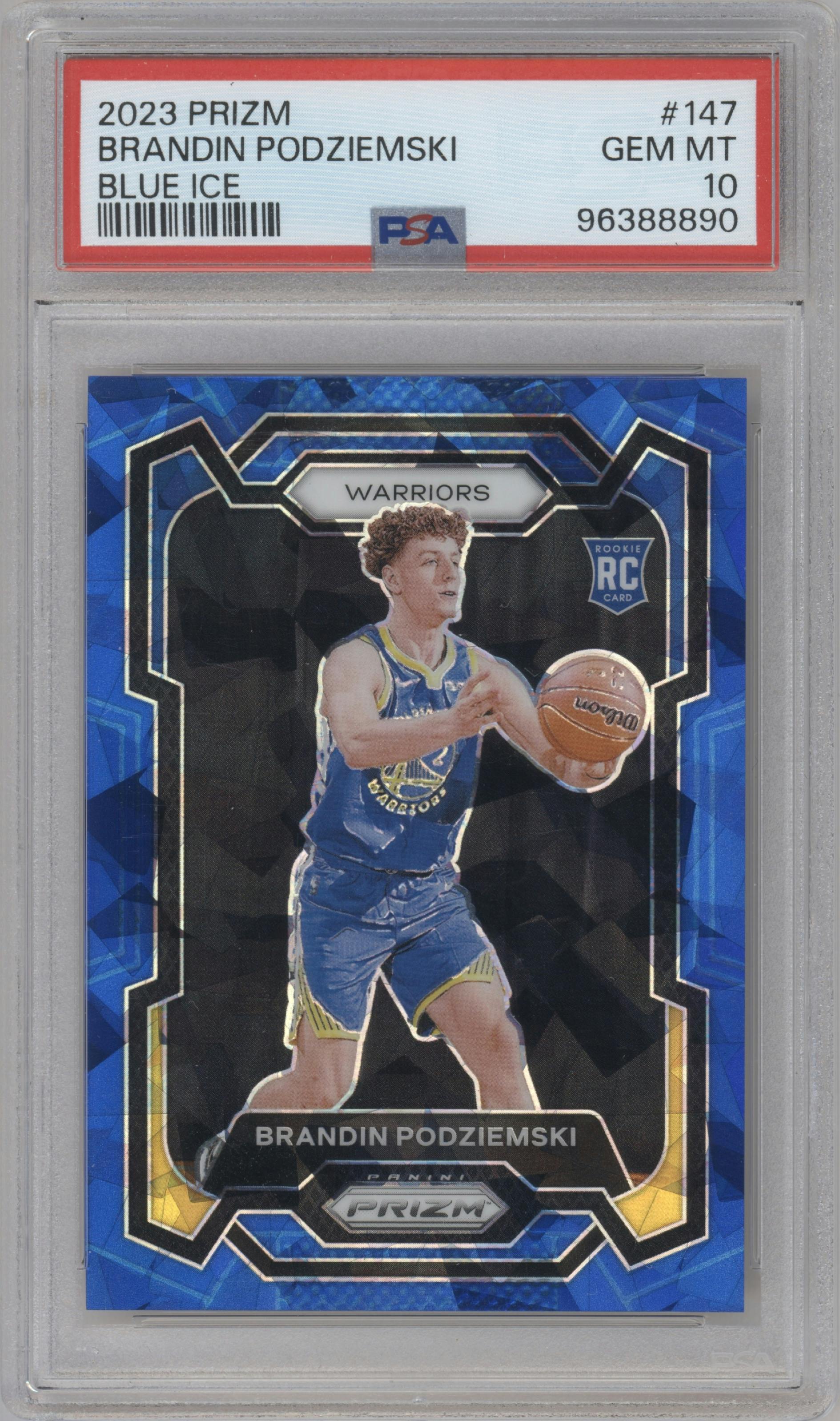 Brandin Podziemski from the 2023-24 Panini Prizm set featuring a Blue Ice parallel graded by PSA and given an overall grade of 10.