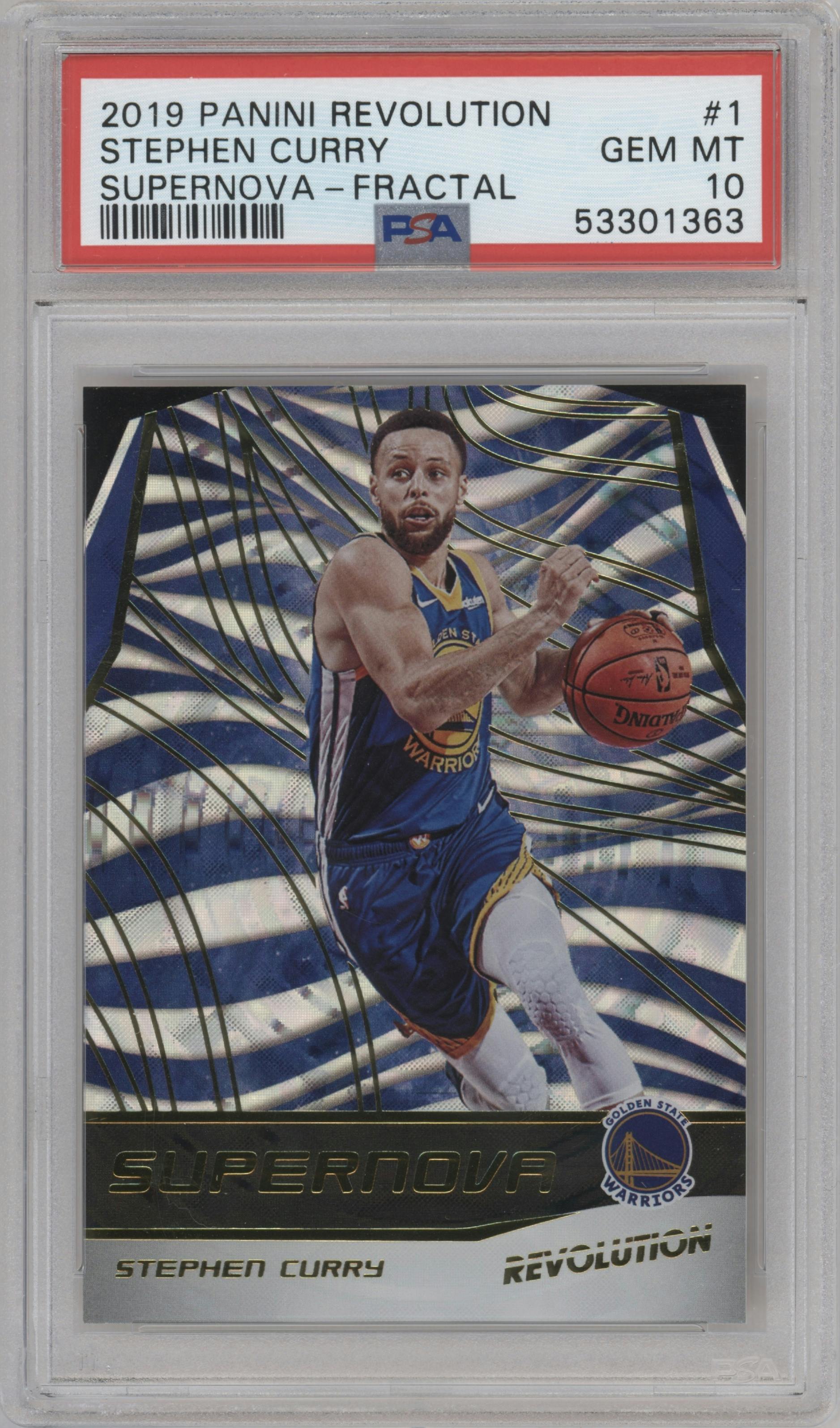 Stephen Curry from the 2019-20 Panini Revolution set featuring a Fractal parallel graded by PSA and given an overall grade of 10.