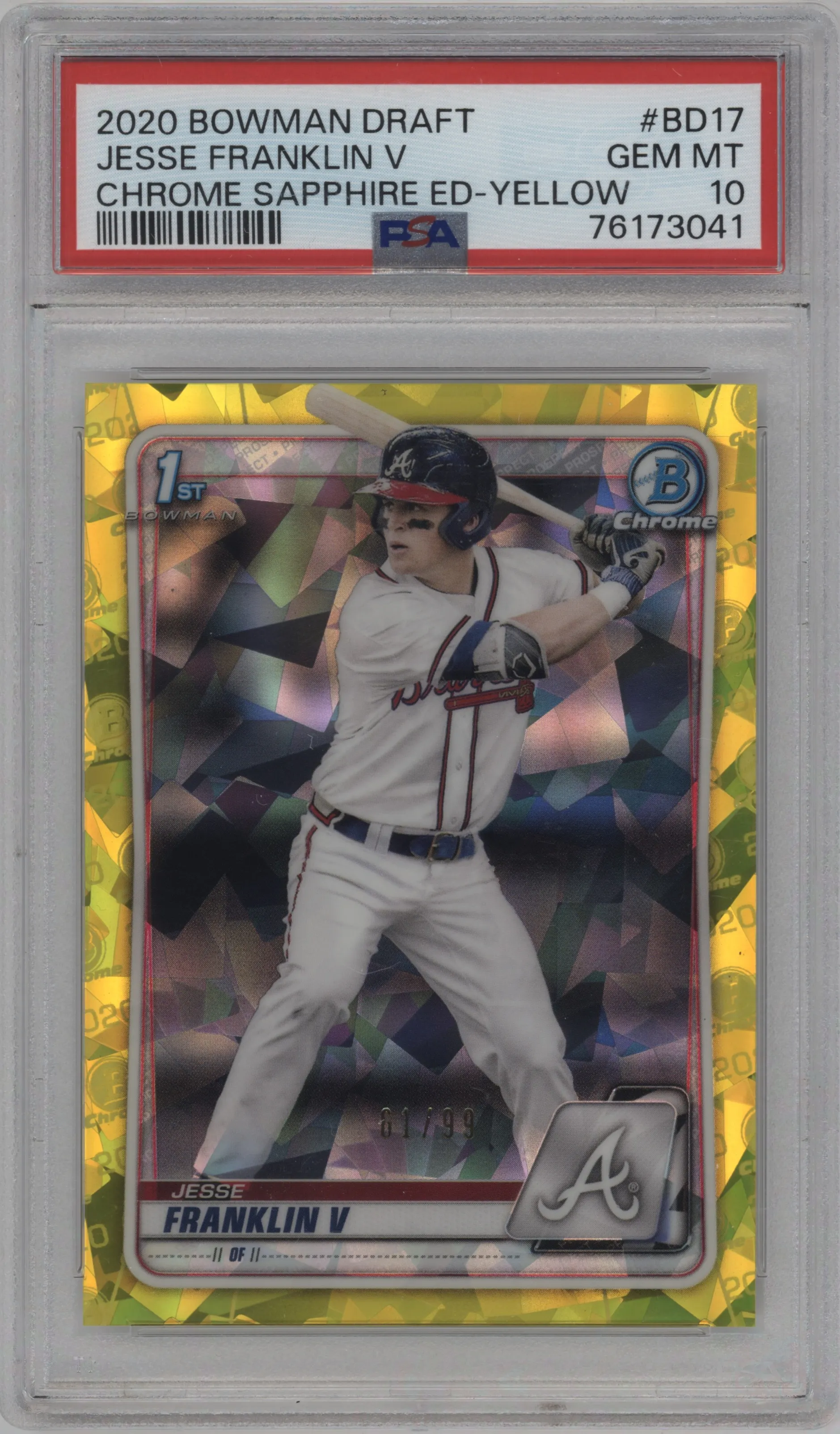 2020 Bowman Draft Sapphire Chrome Jesse Franklin V Yellow Sapphire PSA 10