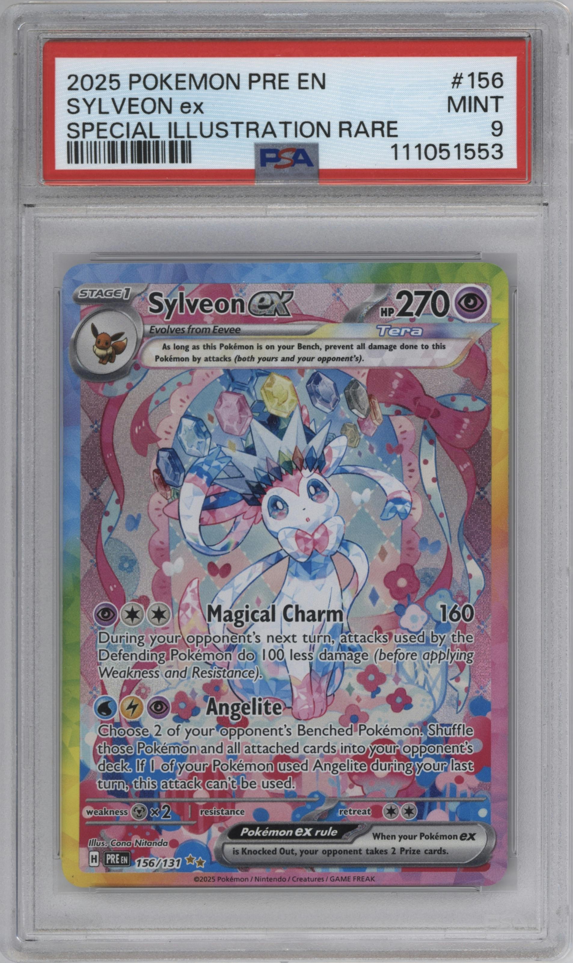 Sylveon EX from the 2025 Pokemon SV set graded by PSA and given an overall grade of 9.