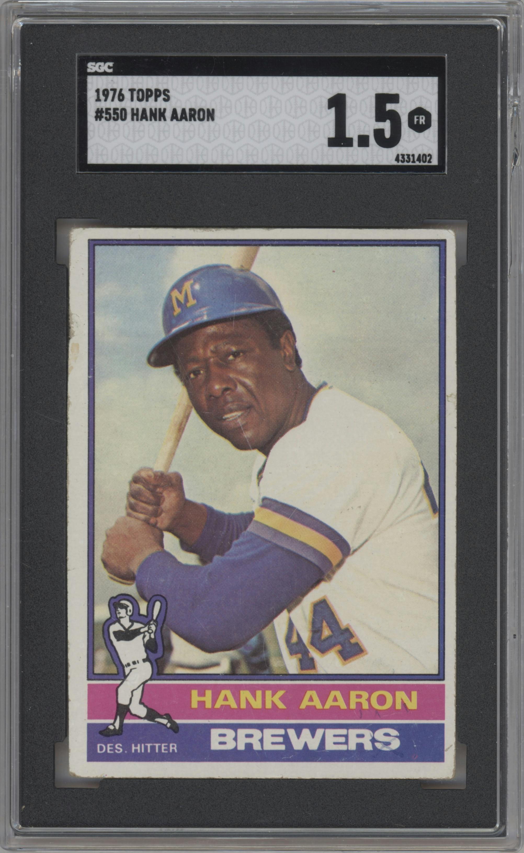 Hank Aaron from the 1976 Topps set graded by SGC and given an overall grade of 1.5.
