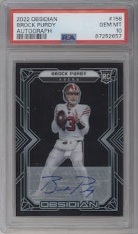 Brock Purdy from the 2022 Panini Obsidian set graded by PSA and given an overall grade of 10.
