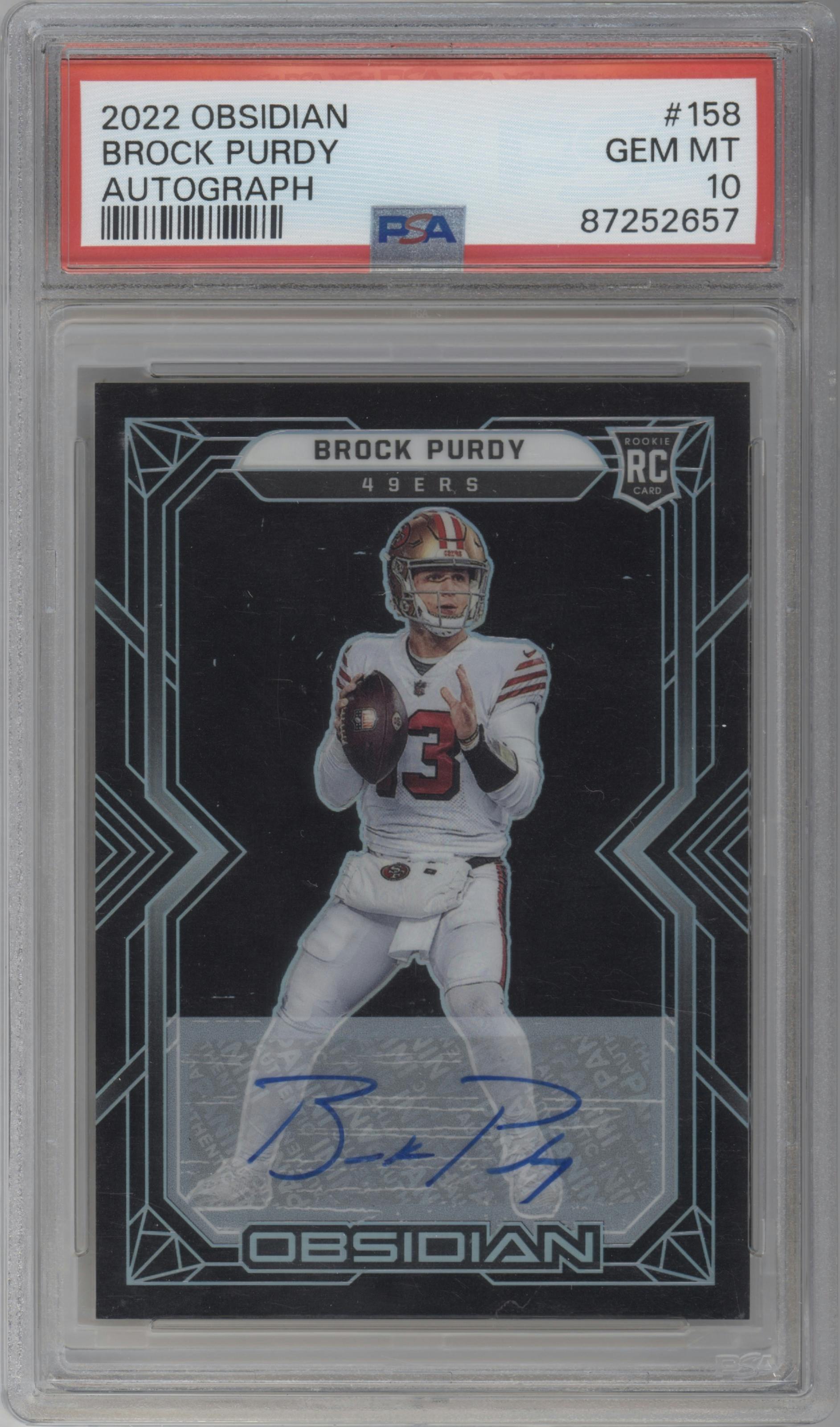 Brock Purdy from the 2022 Panini Obsidian set graded by PSA and given an overall grade of 10.
