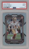 Brock Purdy from the 2022 Panini Prizm set featuring a Silver Prizm parallel graded by PSA and given an overall grade of 9.