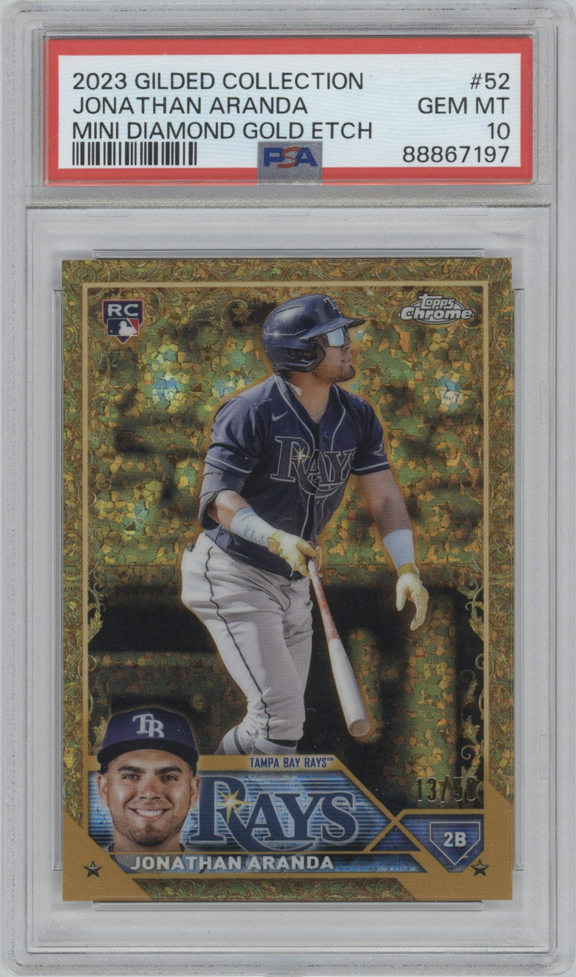 Jonathan Aranda from the 2023 Topps Gilded Collection set featuring a Mini-Diamond Gold Etch parallel graded by PSA and given an overall grade of 10.