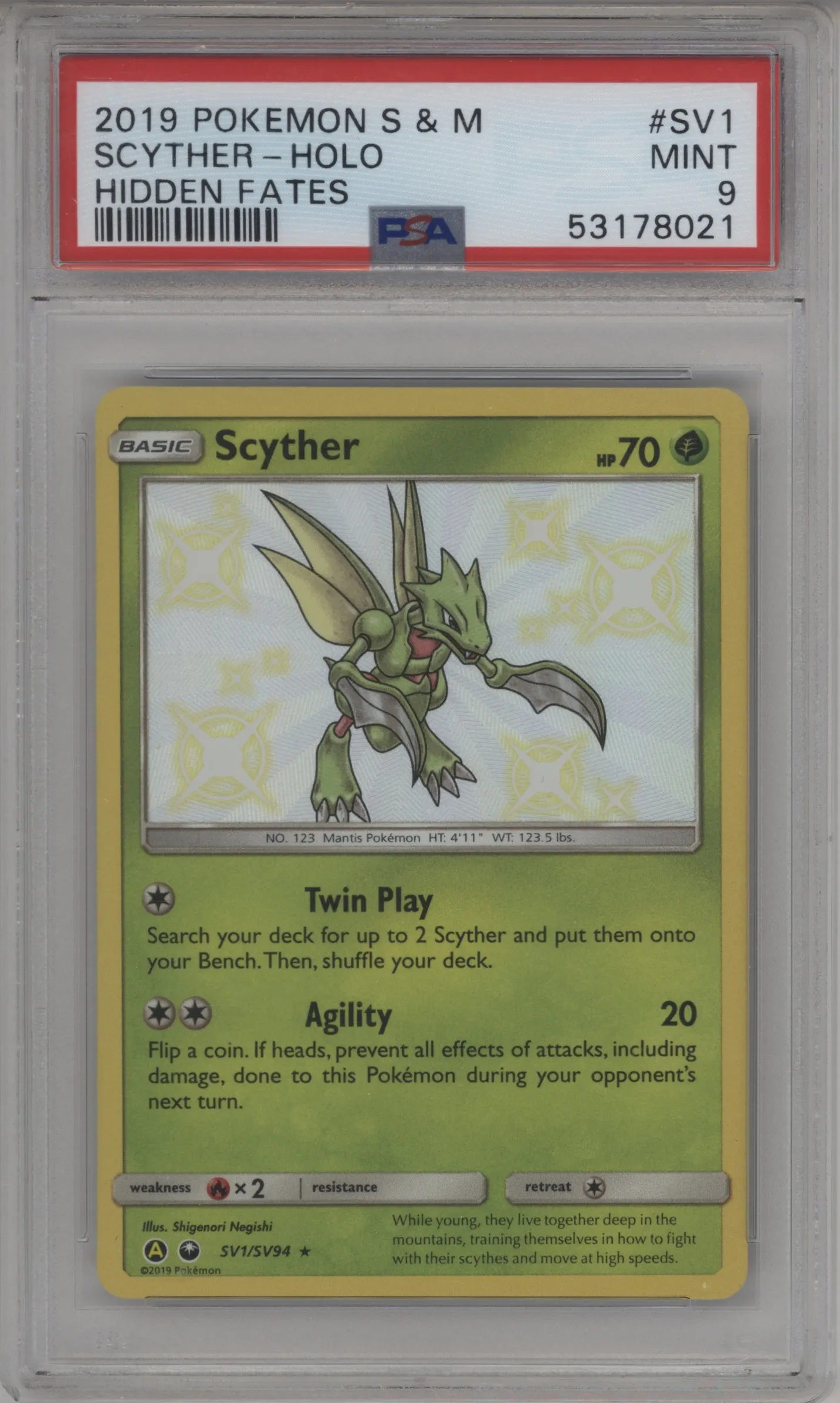 2019 Pokemon S&M Hidden Fates Scyther #SV1 PSA 9