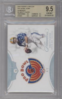 Brett Favre from the 2020 Panini Flawless set featuring a Diamonds parallel graded by Beckett and given an overall grade of 9.5.