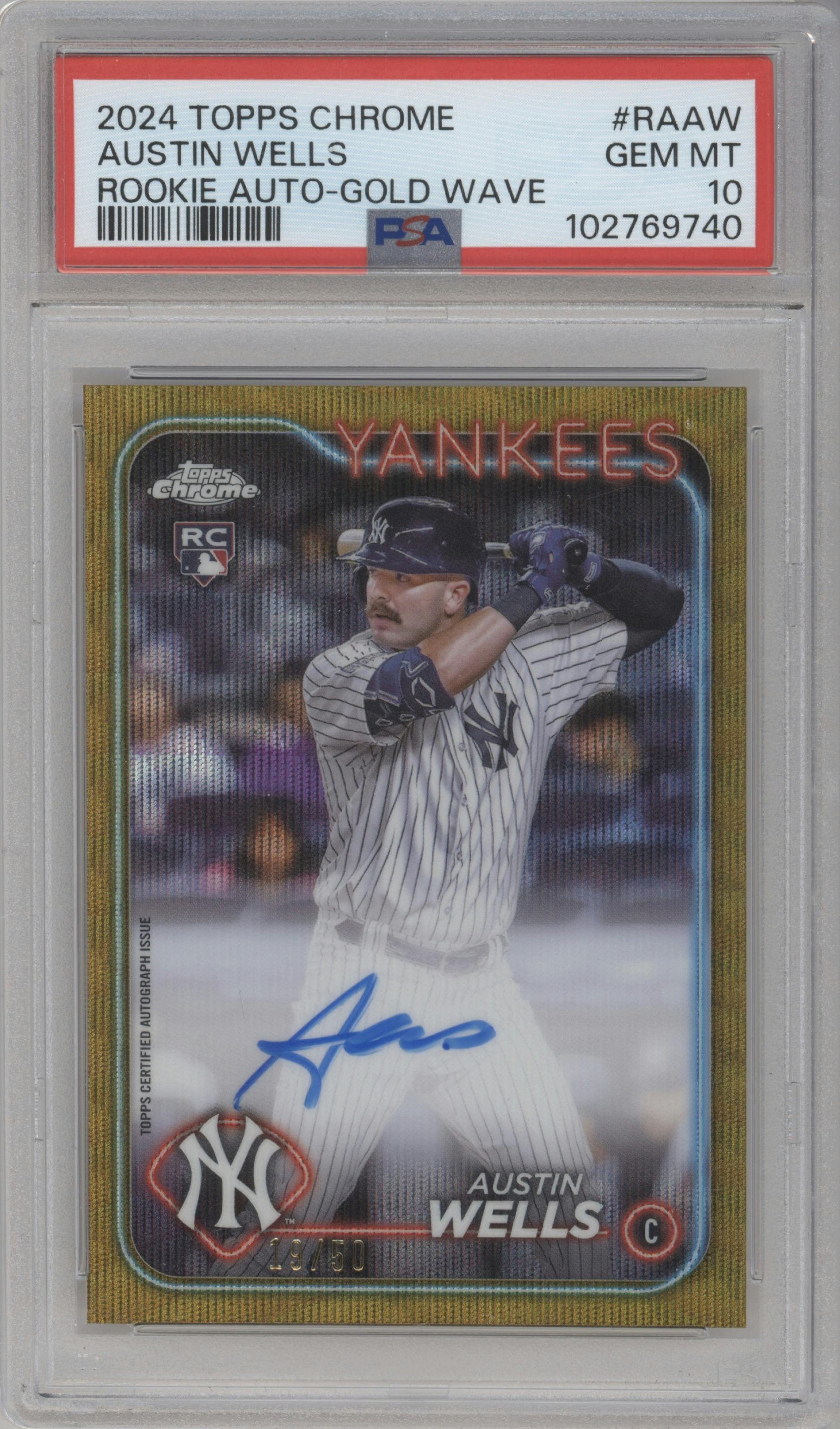 Austin Wells from the 2024 Topps Chrome set featuring a Gold Wave Refractor parallel graded by PSA and given an overall grade of 10.