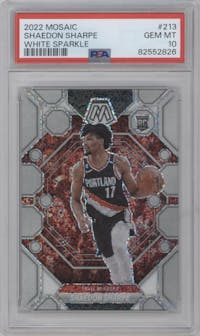 Shaedon Sharpe from the 2022-23 Panini Mosaic set featuring a White Sparkle parallel graded by PSA and given an overall grade of 10.