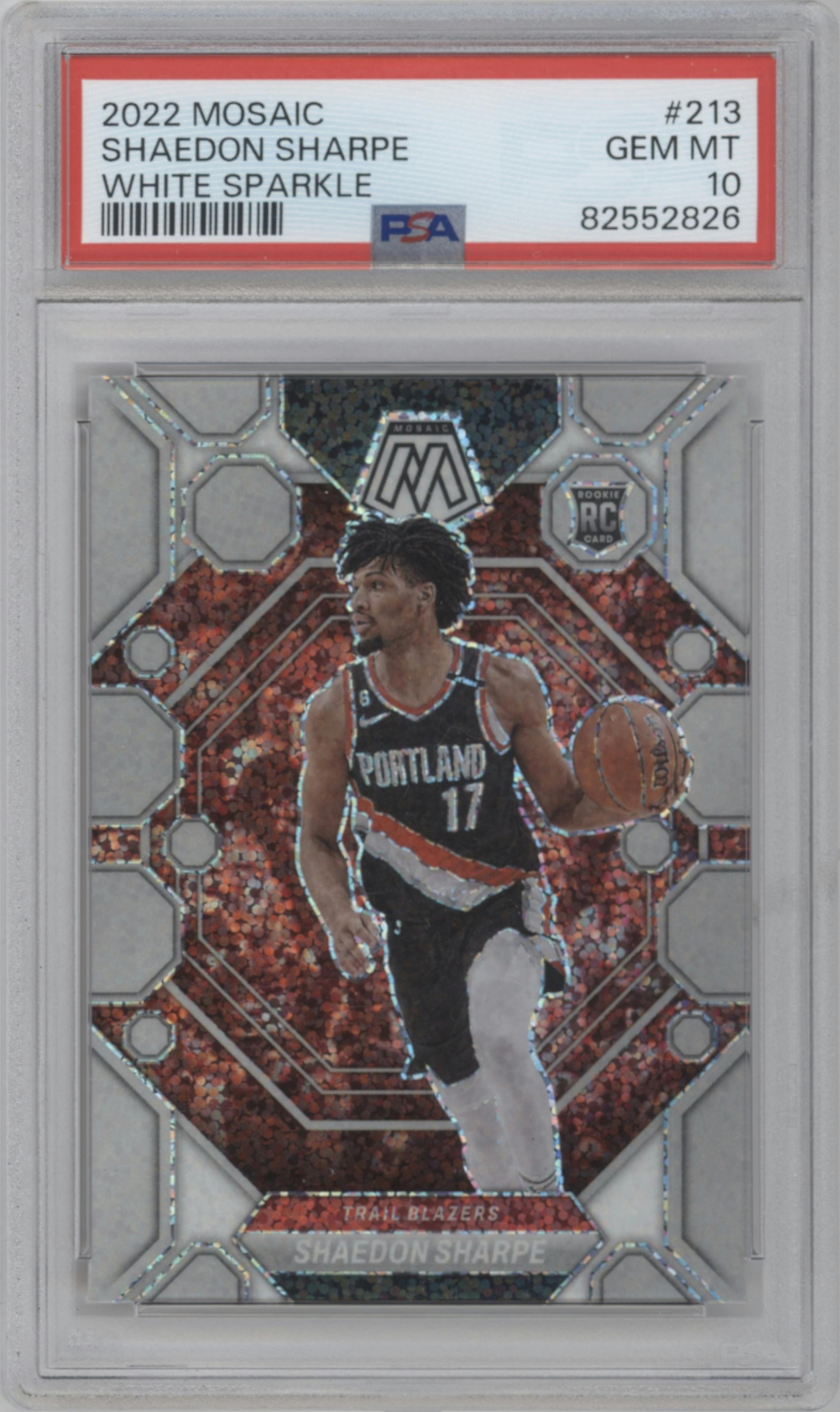 Shaedon Sharpe from the 2022-23 Panini Mosaic set featuring a White Sparkle parallel graded by PSA and given an overall grade of 10.