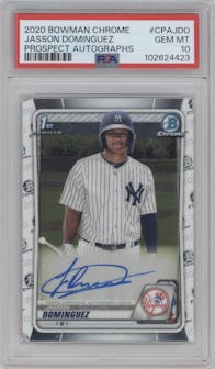 Jasson Dominguez from the 2020 Bowman Chrome set graded by PSA and given an overall grade of 10.