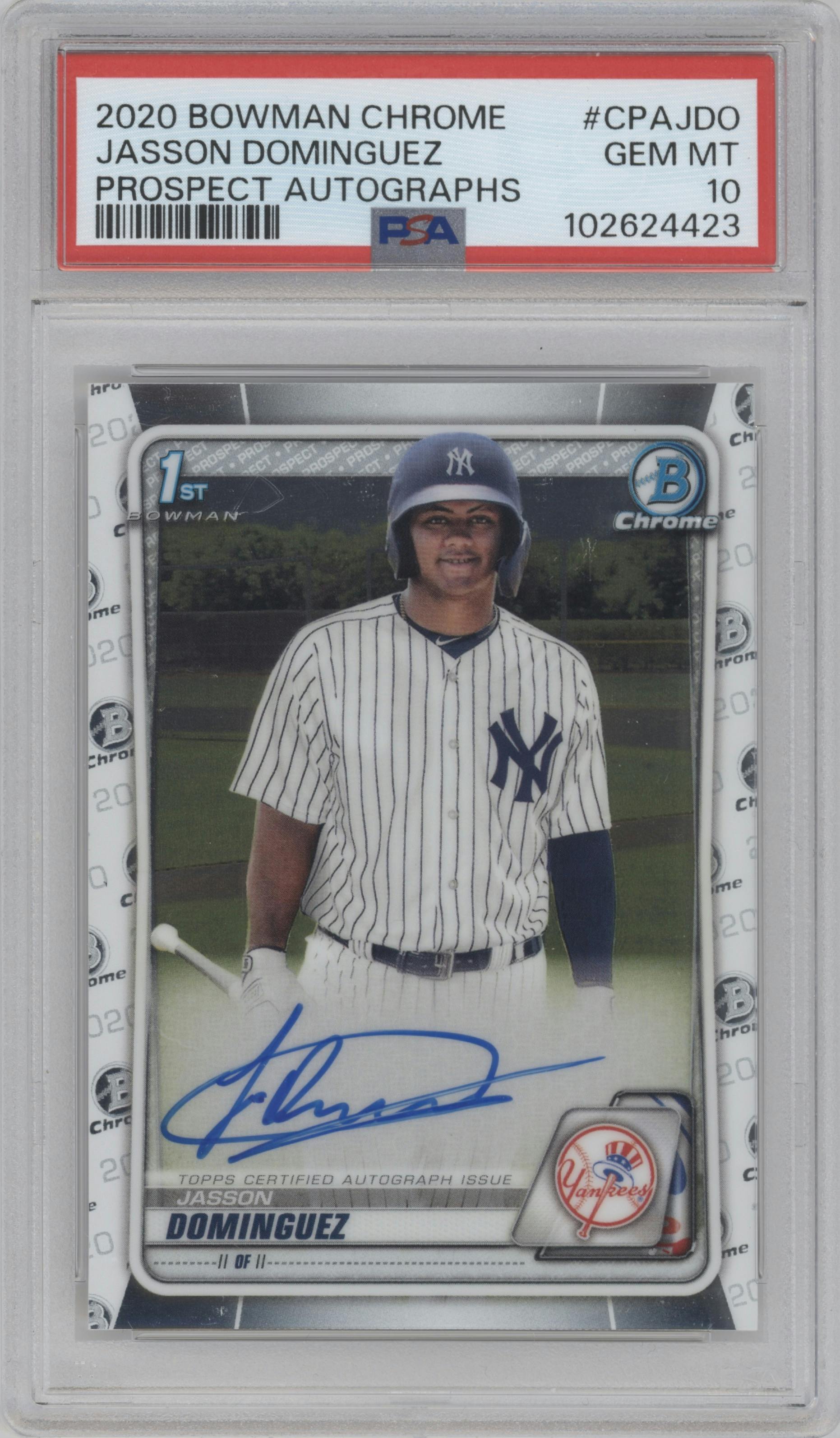 Jasson Dominguez from the 2020 Bowman Chrome set graded by PSA and given an overall grade of 10.