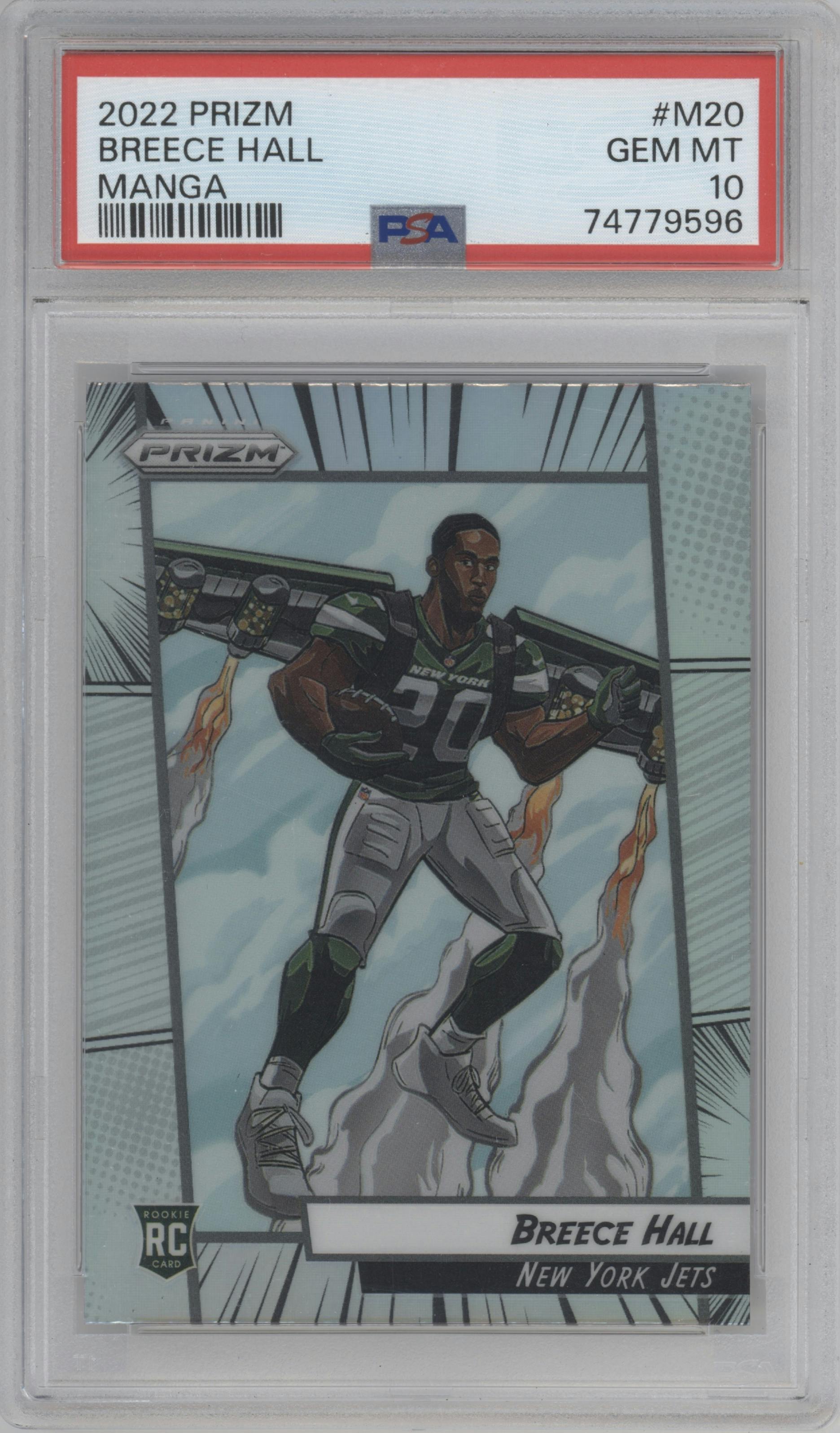 Breece Hall from the 2022 Panini Prizm set graded by PSA and given an overall grade of 10.