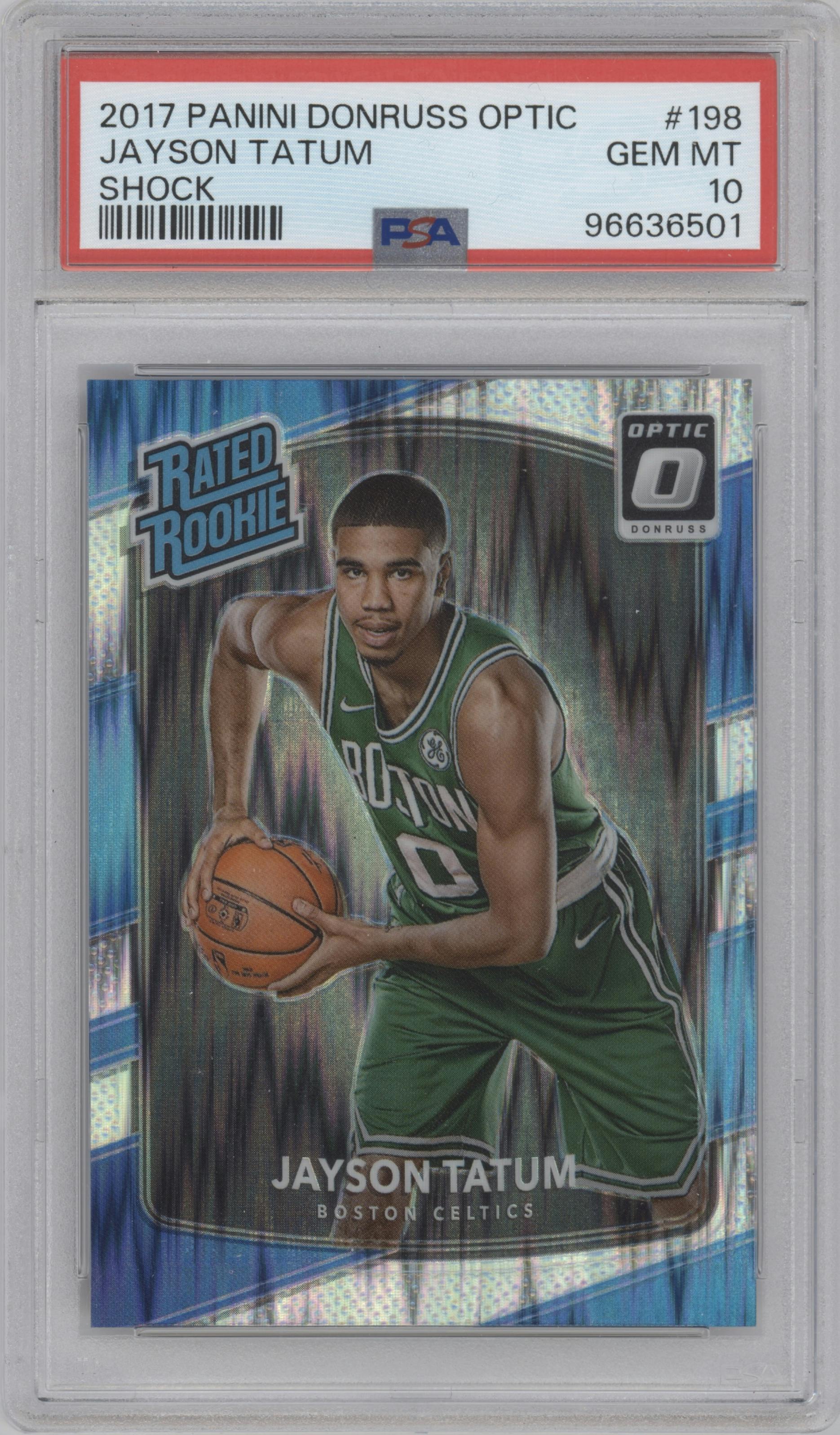 Jayson Tatum from the 2017-18 Panini Donruss Optic set featuring a Shock parallel graded by PSA and given an overall grade of 10.