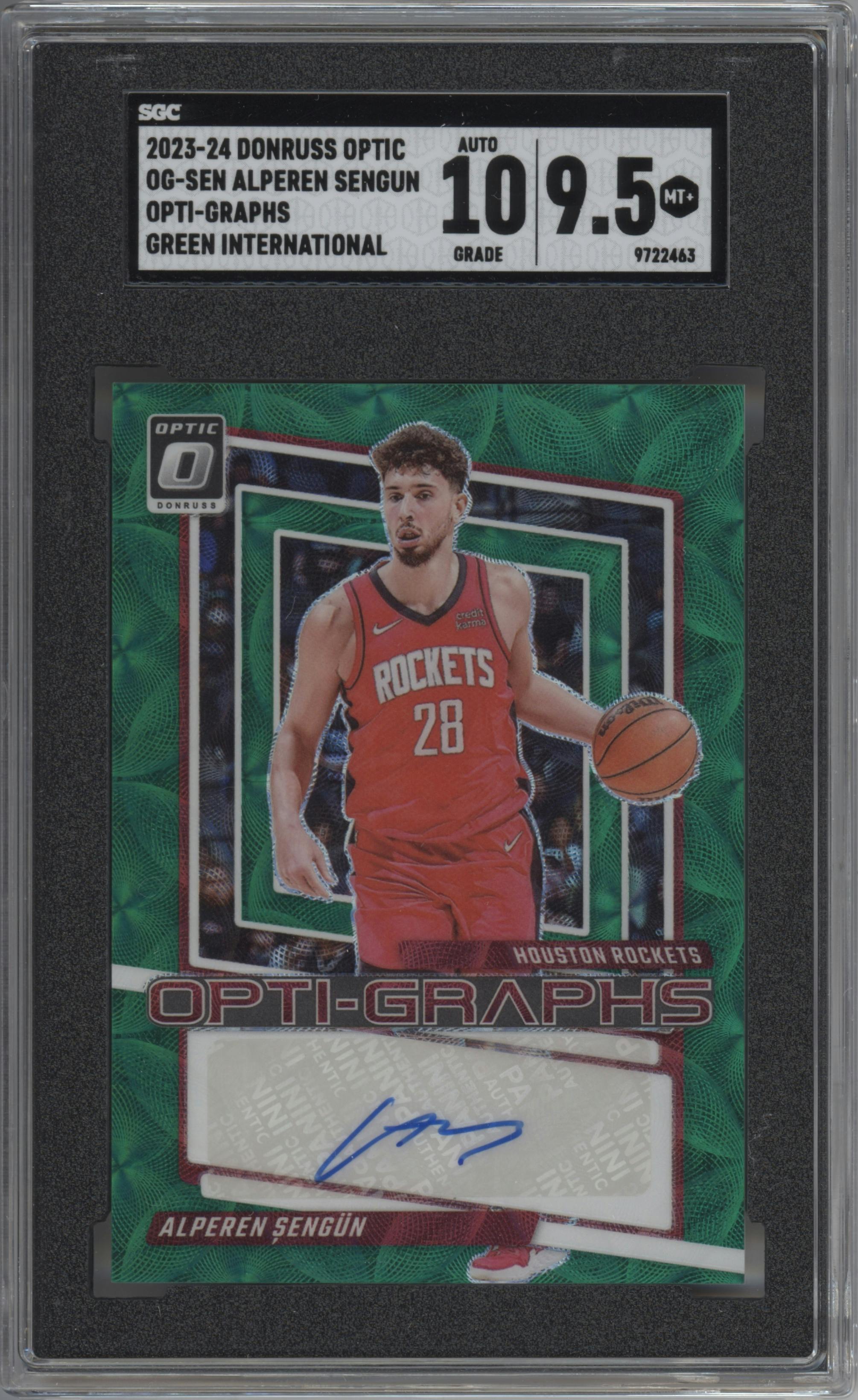 Alperen Sengun from the 2023-24 Donruss Optic set featuring a Green International parallel graded by SGC and given an overall grade of 9.5.