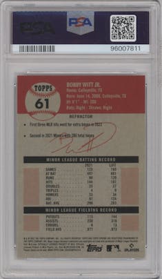 Bobby Witt Jr.  from the 2022 Topps Chrome Platinum Anniversary set featuring a Refractor parallel graded by PSA and given an overall grade of 10.