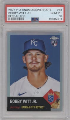Bobby Witt Jr.  from the 2022 Topps Chrome Platinum Anniversary set featuring a Refractor parallel graded by PSA and given an overall grade of 10.
