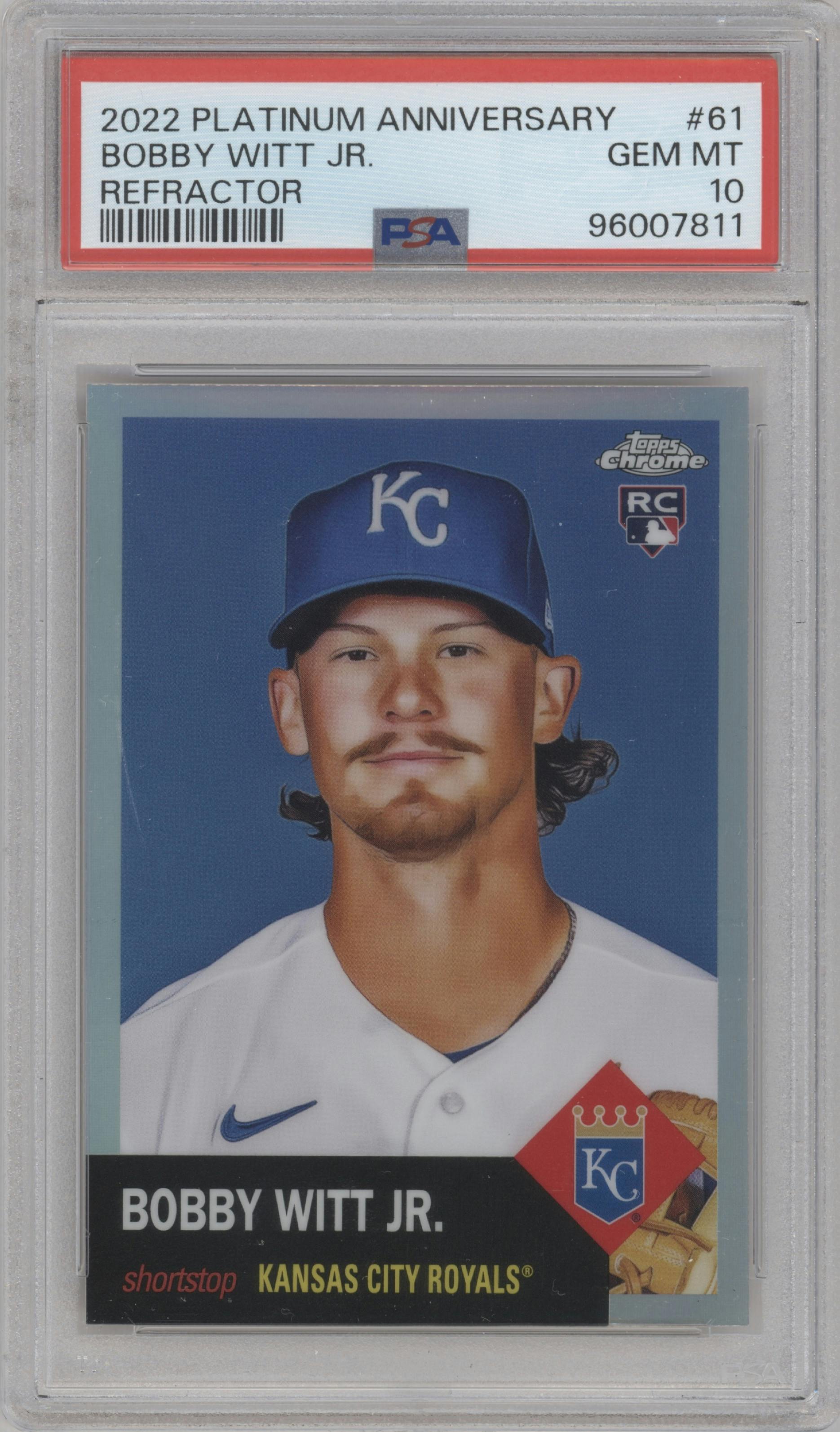 Bobby Witt Jr.  from the 2022 Topps Chrome Platinum Anniversary set featuring a Refractor parallel graded by PSA and given an overall grade of 10.