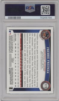 Freddie Freeman from the 2011 Topps Chrome set featuring a Refractor parallel graded by PSA and given an overall grade of 10.