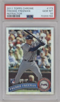 Freddie Freeman from the 2011 Topps Chrome set featuring a Refractor parallel graded by PSA and given an overall grade of 10.