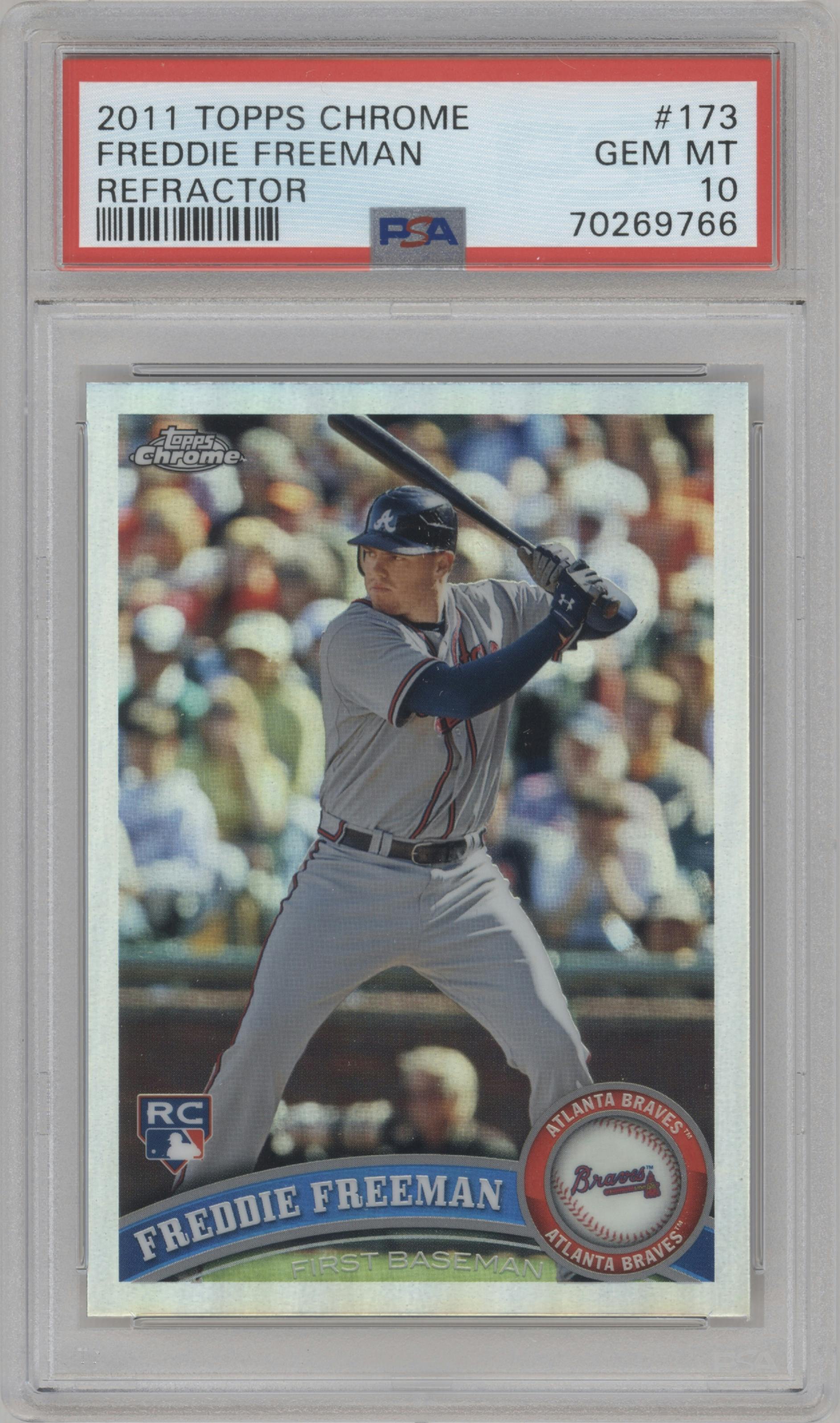 Freddie Freeman from the 2011 Topps Chrome set featuring a Refractor parallel graded by PSA and given an overall grade of 10.